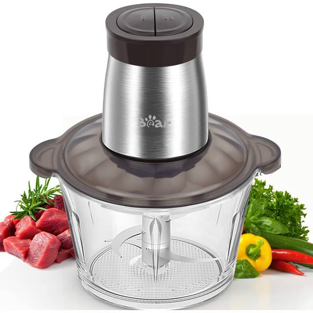 2L Food Processors 300W Electric Vegetable Chopper Glass Container with 4-304 Stainless steel Knife for Meat, Smoothie, Onions, Fruit, Vegetables