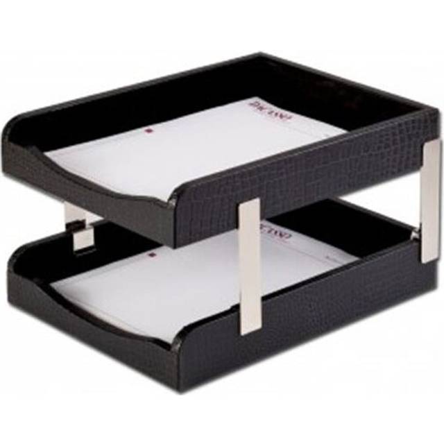 Dacasso  Crocodile Embossed Leather Double Letter Trays - Black