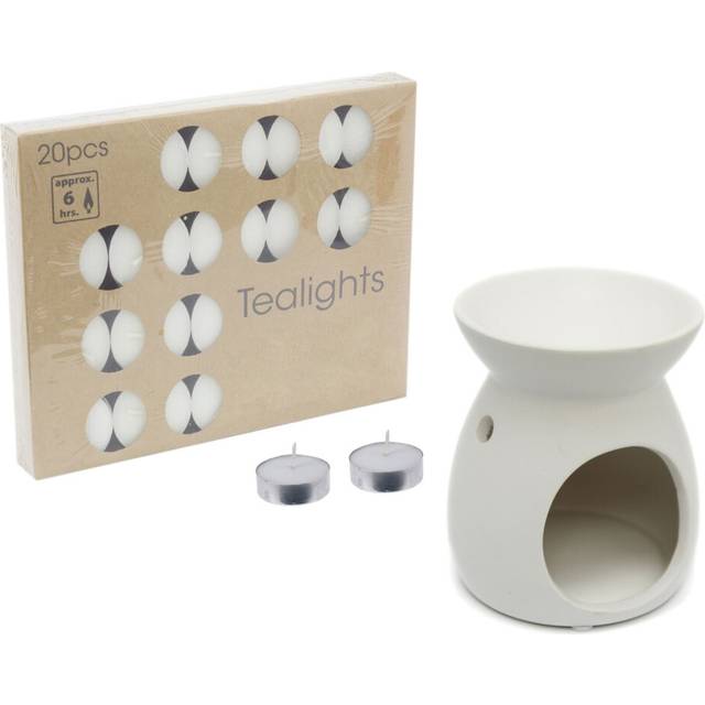 White Ceramic Fragrance Oil Burner With Pack Of 20 White Ivory Tealight Candles