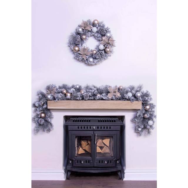 180cm Decorated Silver Mixed Pine Garland with Rose Gold Poinsettia