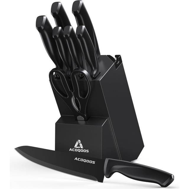 ACOQOOS Knife Set with Block, 10 Piece Stainless Steel Kitchen Knives with Built-in Sharpener for Everyday Kitchen Use