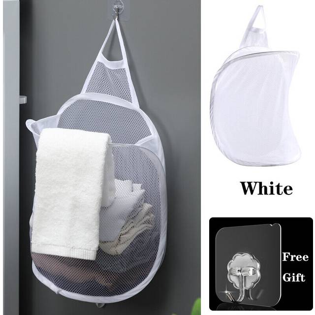 (a-A white) Folding Laundry Basket Organizer for Dirty Clothes Bathroom Clothes Mesh Storage Bag Household Wall Hanging Basket Frame Bucket