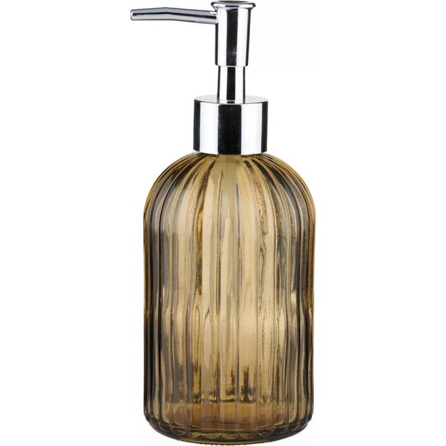 (Ribbed - Silver Lid - Yellow) 450ml Glass Vintage Lotion Liquid Soap Dispenser Sink Bathroom Kitchen Accessory