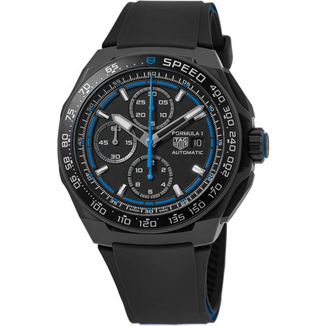 New - TAG Heuer Formula 1 Chronograph 44mm Watch - Black Dial - Blue Central Hand - Black Rubber Band - Titanium Case