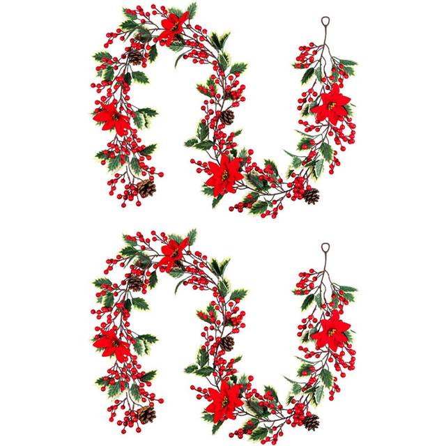 Tlily - 2X 6.3ft Red Berry Christmas Garland, Artificial Poinsettia, with Pine Cones