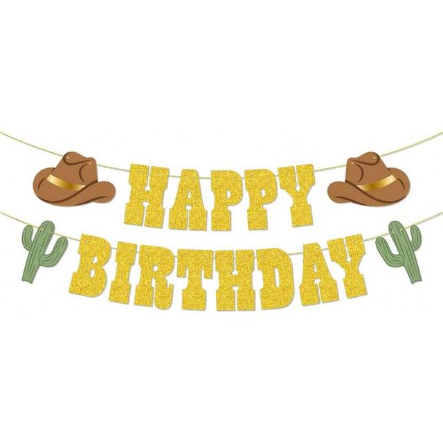 SHEIN 1Set,Western Happy Birthday Gold/Rose Gold Glitter Banner - 5 Ft. | Cowboy/Cowgirl HBD Decorations, Wild West Garland, Rodeo Supplies, Wild One Yeehaw