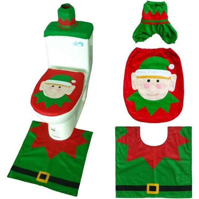 3 Piece Santa Toilet Seat Cover Christmas Decoration Bathroom Rug Set (Elf)