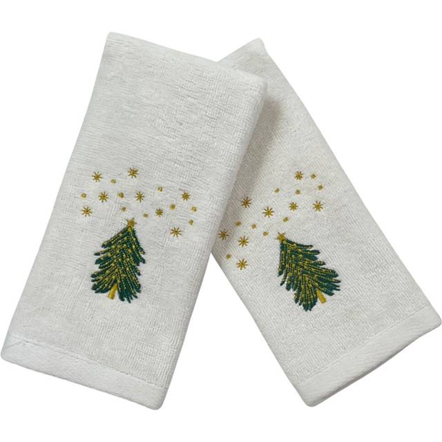 Luxury Holiday Christmas Fingertip Towel Set  Decorated Embroidered Rustic Holiday Tree Under The Stars  Velour Terry Cotton White  Set of 2