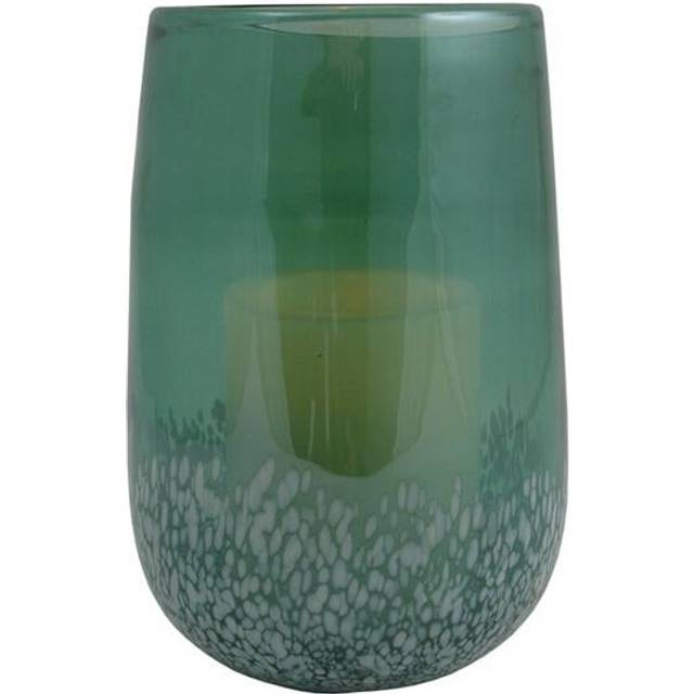 HomeRoots 483929 8 in. Glass Tabletop Hurricane Candle Holder with Candle, Green & White