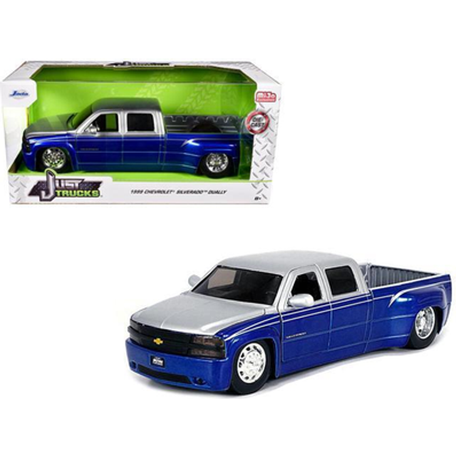 1999 Chevrolet Silverado Dually Pickup Truck Blue Metallic and Silver with Stock Wheels &#34;Just Trucks&#34; Series 1/24 Diecast Model Car by Jada