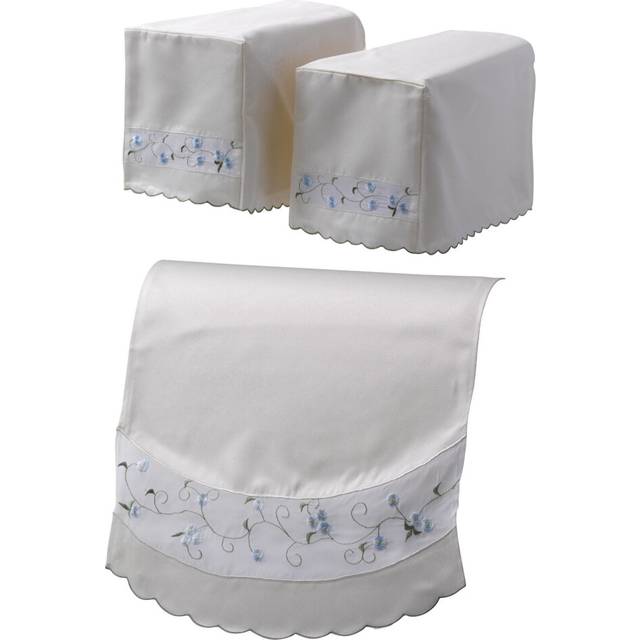 (Blue, Pair of Square Arm Caps & 1 Chair Back) Floral Napery Set Sheer Organza Panel & Embroidered Flower Antimacassar