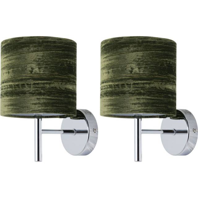 Set of 2 modern chrome wall lights with green crushed velvet shades