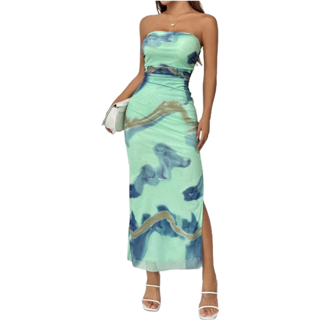 Rafferiza Elegant Strapless Bodycon Side Slit Mesh Printed Women&#39;s Dress Maxi Women Outfit