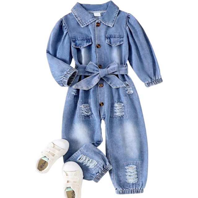 SHEIN 1pc Young Girl Fashionable Denim Jumpsuit With Collar And Belt, Autumn/Winter