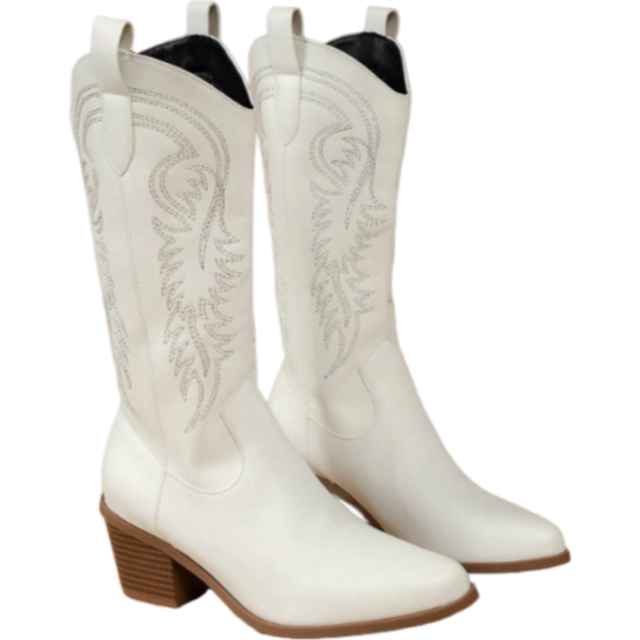 SHEIN Women Embroidery Detail Chunky Heeled Western Boots, Fashion Boots Cowboy Boots