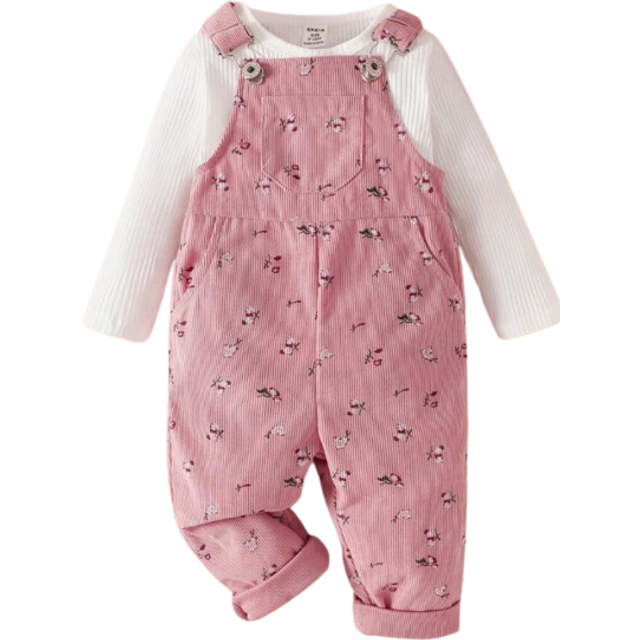 SHEIN Baby Girl Corduroy Ditsy Floral Strap Pants 2pcs Set, Cute