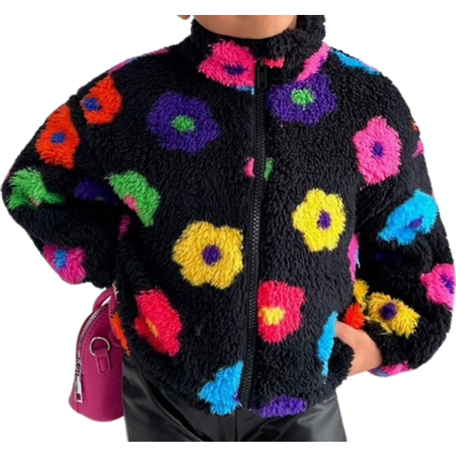 SHEIN SLAYR KIDS SLAYR KIDS Young Girl Colorful Floral Knit Fluffy Loose Casual Jacket With Mock Neck, Fall(10) And Winter(5), Colors: Black, Blue, Green, B
