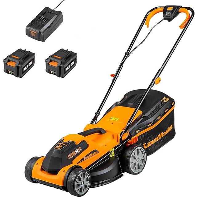 LawnMaster MX 24V 34cm Cordless Lawnmower with Battery - Orange - 117 x 37 x 95cm