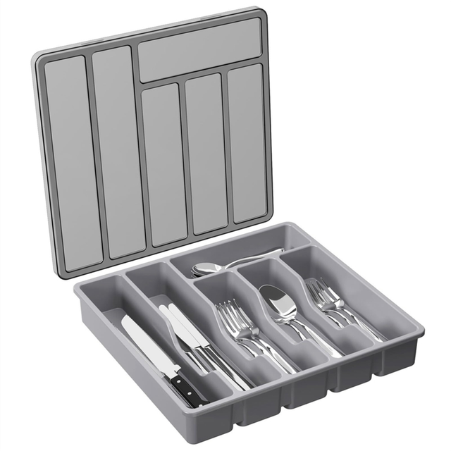 Silverware Organizer with Lid,Covered Utensil Tray Gray