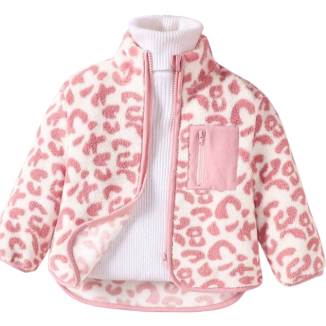SHEIN Young Girls Casual Faux Pocket Decor Leopard Print Zip-Up Fleece Jacket For Fall/Winter