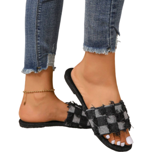 2024 Ny sommarstil för kvinnor, tofflor med öppen tå, rund tå Plus Size Fashionabla platta sandaler utomhus - Svart (EUR35,EUR36,EUR37,EUR38,EUR39,EUR40,EUR41,EUR42,EUR43)
