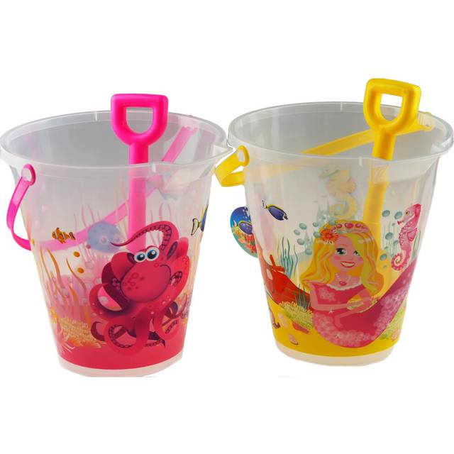 2 Large Transparent Clear Design Bucket And Spade Beach Toys - Octopus Mermaid