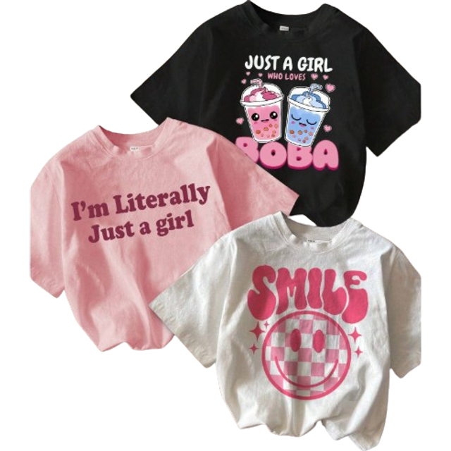 SHEIN 3pcs Tween Girls&#39; Casual Retro American Style Plaid Smiling Face, Cartoon Drink, Letter SMILE Printed White, Black, Pink Short Sleeve Loose Crew Neck