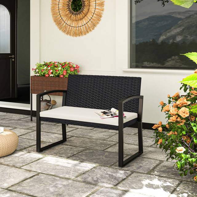 Outsunny Garden Bench with Cushion Steel Frame Rattan Black 2 Seater