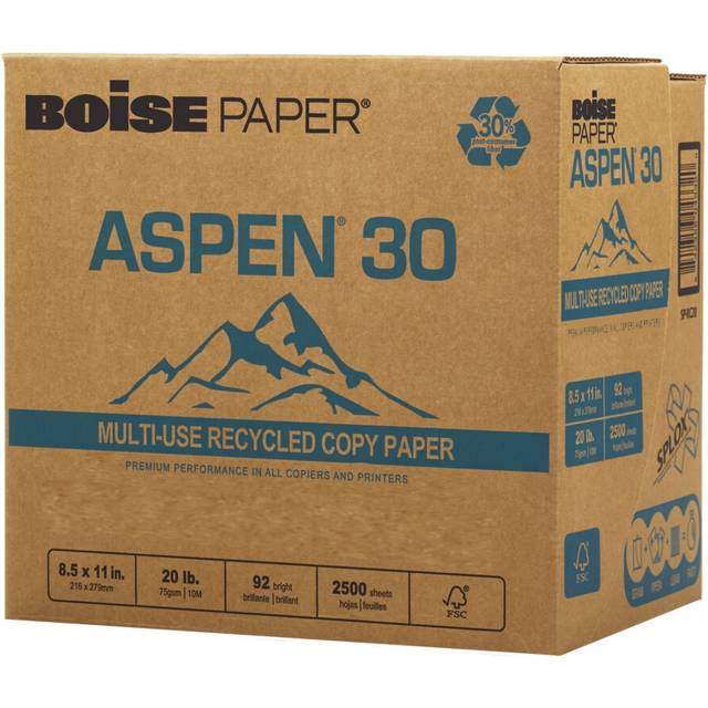 "BOISE ASPEN 30% Recycled Multi-Use Copy Paper  8.5"""" x 11"""" Letter  SPLOX Speed Loading Reamless Easy Carry Box  92 Bright White  20 lb. (2 500 Sheets"