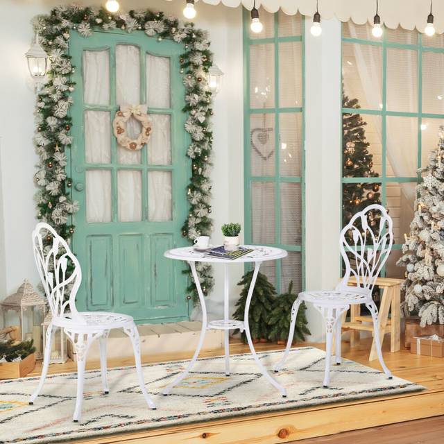 Outsunny 3 Piece Bistro Set, Aluminium Garden Furniture with Umbrella Hole, White