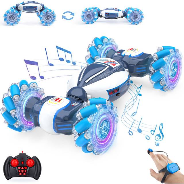 (White Blue) 4WD Drift Stunt Car 1:18 Remote Control Car with Music Light RC Cars Off Road On Road Watch Gesture