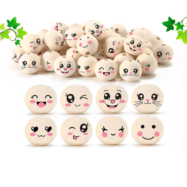 8 Styles Wooden Beads with Face 20 mm Smile Face Wooden Bead