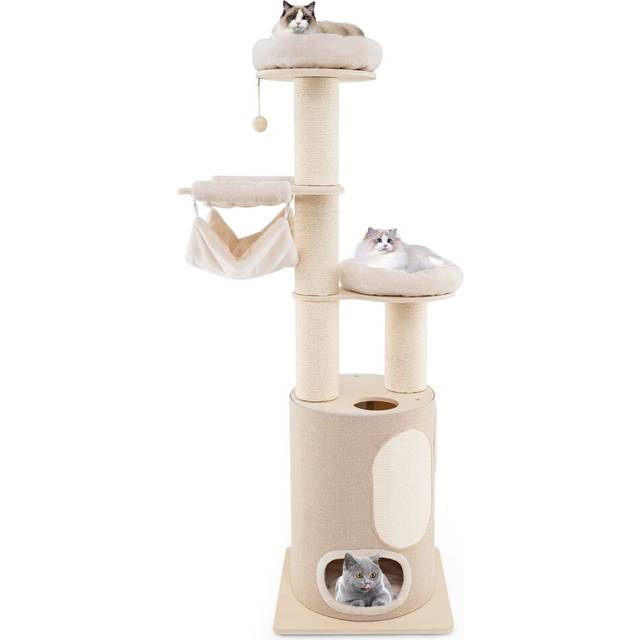 187 cm Tall Wooden Cat Tower Tree With 2-Story Cat Condo & Hammocks
