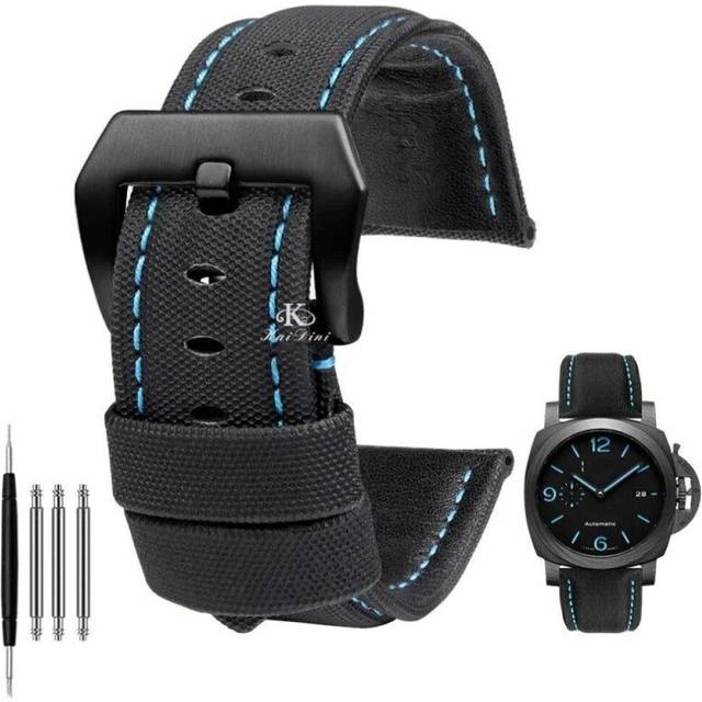(Black blue black 24mm) 22mm 24mm 26mm Nylon Texture Leather Watchband For Panerai Pam01661 441 Marina Watch Strap Black Blue Line Watch Accessories