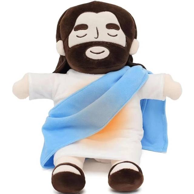 (blue) 40cm Breathing Jesus Plush Baby Soothing Jesus Doll Four-Gear Adjustment Children Music Sleep Birthday Christmas Toys Kids Gifts