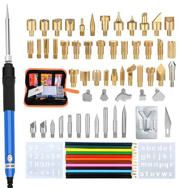 (EU Plug) 71Pcs 60W Adjustable Temperature Electric Soldering Pyrography Iron Set Welding Solder Station Heat Pencil Repair Tools Kit Woodwork