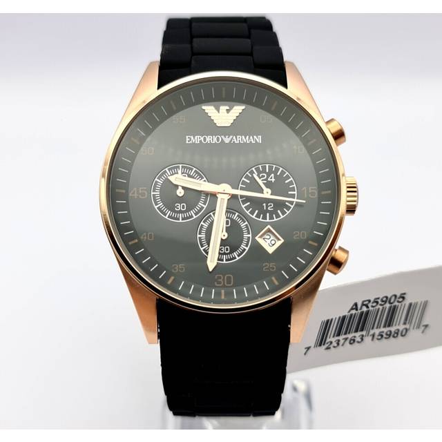 NEW EMPORIO ARMANI AR5905 SILICONE BLACK STRAP ROSE GOLD MENS WATCH