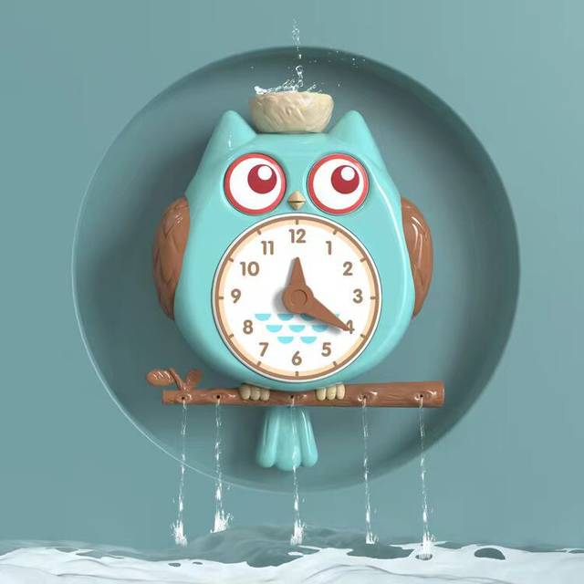 (Green) Owl Suction Cup Clock Rotation Happy Baby Water Play Bathroom Shower Toy