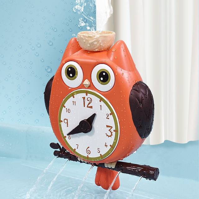 (Orange) Owl Suction Cup Clock Rotation Happy Baby Water Play Bathroom Shower Toy