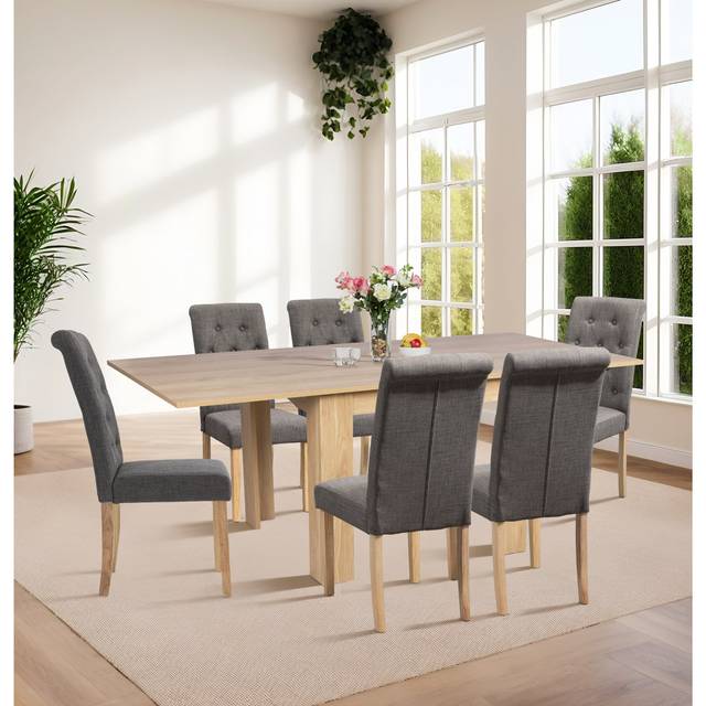 Newquay Oak Flip Top Extending Table With 6 Grey Upholstered Chair - Brown (6)