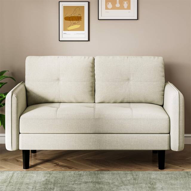 2 Seater Sofa, Modern Sofa Couch With Thicken Cushions, Comfy Sofa For Living Room/bedroom/office/apartment, Loveseat Sofa 2 Seater Settee With 2 Pock - Beige Fabric (86cm H X 148cm W X 71cm D)
