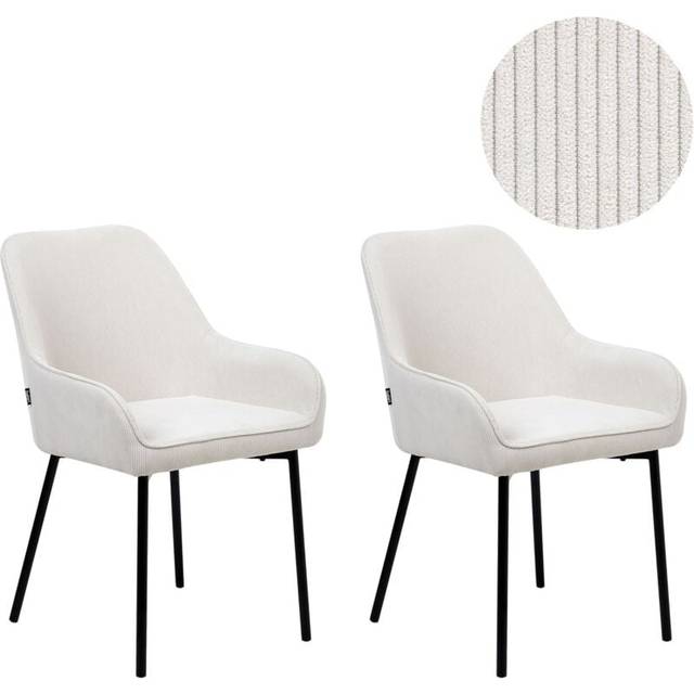 Set of 2 Dining Chairs Off-White Corduroy Fabric Black Metal Legs Loverna