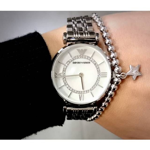 NEW EMPORIO ARMANI AR1908 LADIES WATCH SILVER AND WHITE DIAL CRYSTAL - Silver