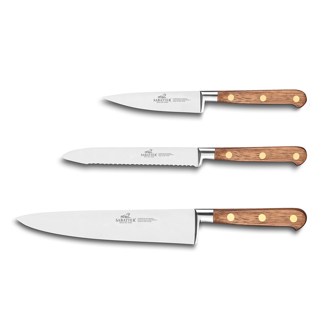Lion Sabatier® Ideal Perigord 3 Piece Knife Set - 10cm Paring, 12cm Serrated Utility &amp; 20cm Cooks Knife (Walnut Handle with Brass Rivets)