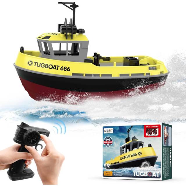 RC Boat, 1/72 RC Tugboat for Pools and Lakes, High-Speed Remote Control Boat with 40 Mins Play Time and Low Battery Reminder for Kids and Adults
