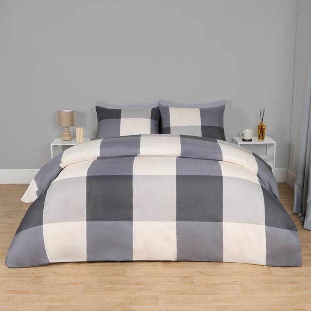 OHS Gingham Block Check Duvet Cover Set, Grey - Superking