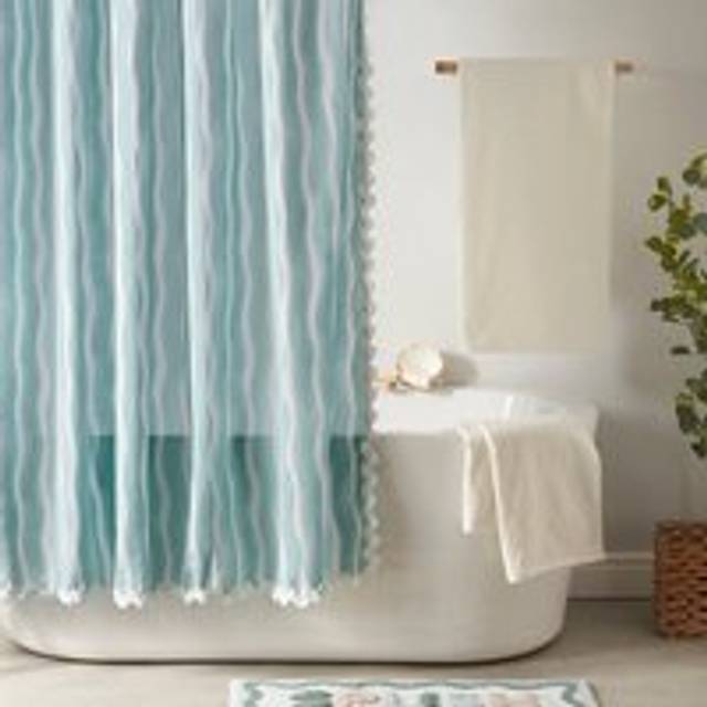 Coastal Breeze Wave Edge Stripe Shower Curtain - Turquoise