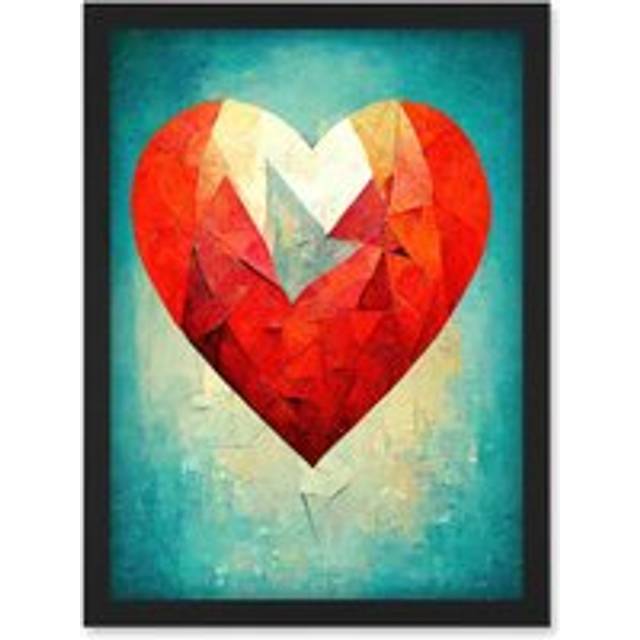 Love Heart Painting Romance Bright Blue Teal Unique Modern Artwork Framed Wall Art Print A4 - Black - One Size