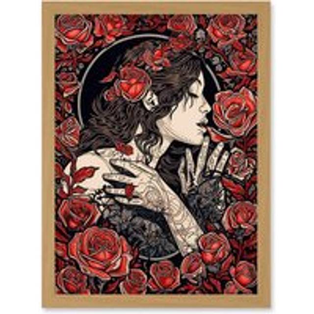 Kiss from a Rose Red and Black Floral Illustration Artwork Framed Wall Art Print A4 - Tan - One Size