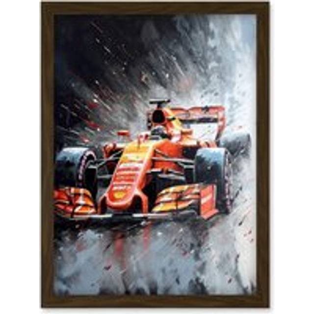 Race Car and Driver Grand Prix Orange and Grey Artwork Framed Wall Art Print A4 - Brown - One Size